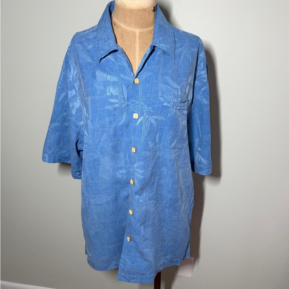 Jamaica Jaxx Medium Blue 100% Silk Jacquard Tropical Short Sleeve Camp Shirt